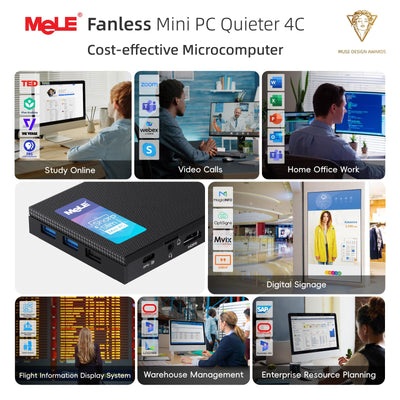 MeLE Mini PC Quieter 4C lüfterloser PC, N100 16GB RAM 512GB ROM, Win11 Pro, Vollfunktionsfähiges USB-C, 4K Triple Display Desktop PC für Zuhause, Büro, Bildung, Astrophotografie