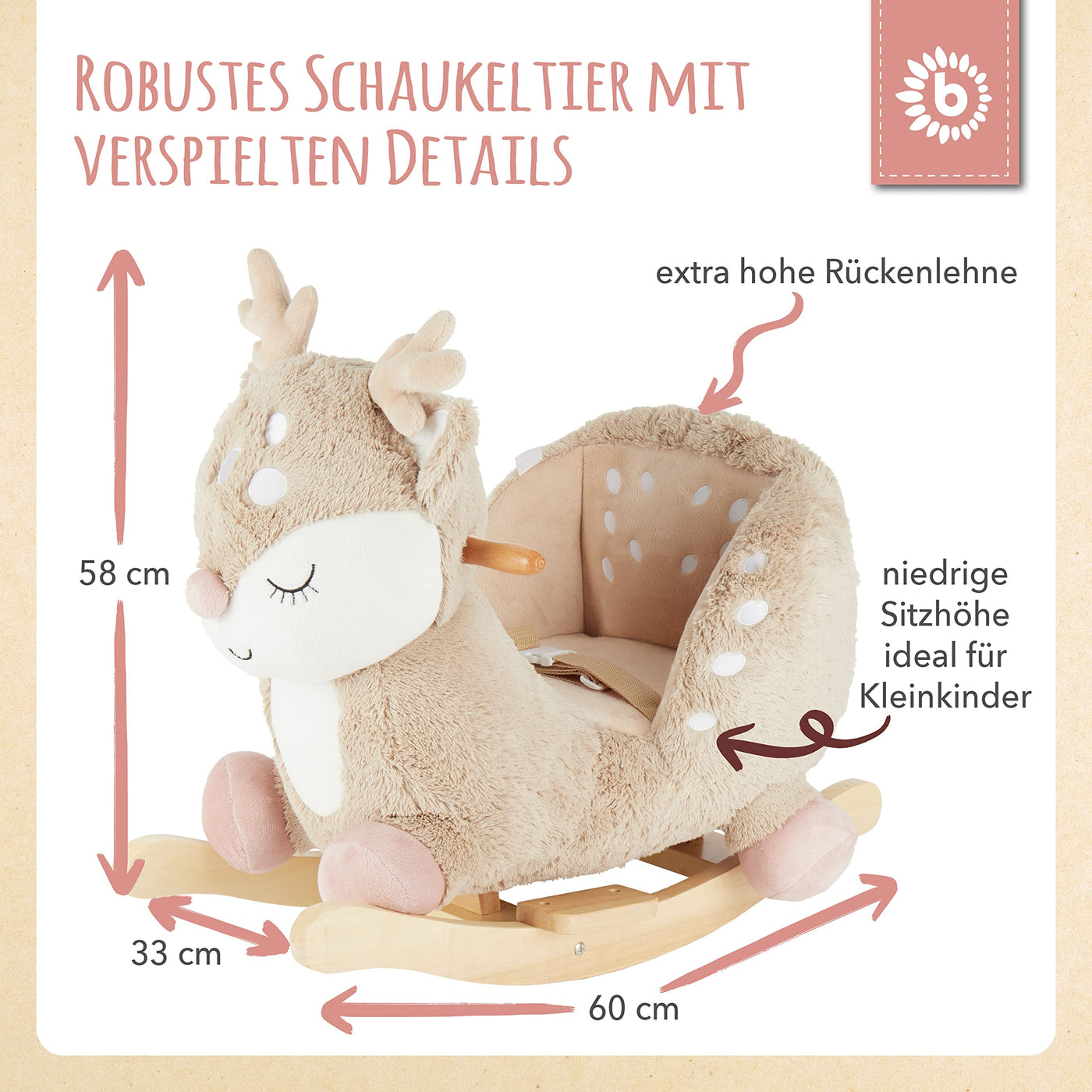 Bieco Plüsch Schaukeltier REH, 60 cm | Kinder Schaukelstuhl mit Sicherheitsgurt | Baby Schaukel | Schaukel Kleinkind | Schaukeltier Baby Schaukelwippe ab 9 Monate | Schaukelpferd Holz