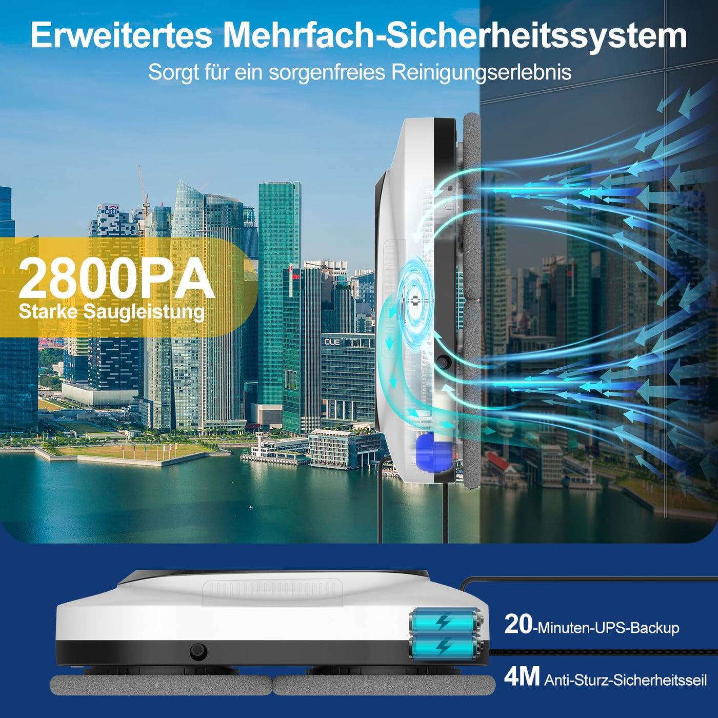 AOQUFUL intelligenter Fensterputzroboter, elektrischer Fensterputzer mit Dual-Wasserspray, automatischer Fensterroboter mit Fernbedienung und App, für Innen- und Außenfenster und Glas,12 Tücher, weiß