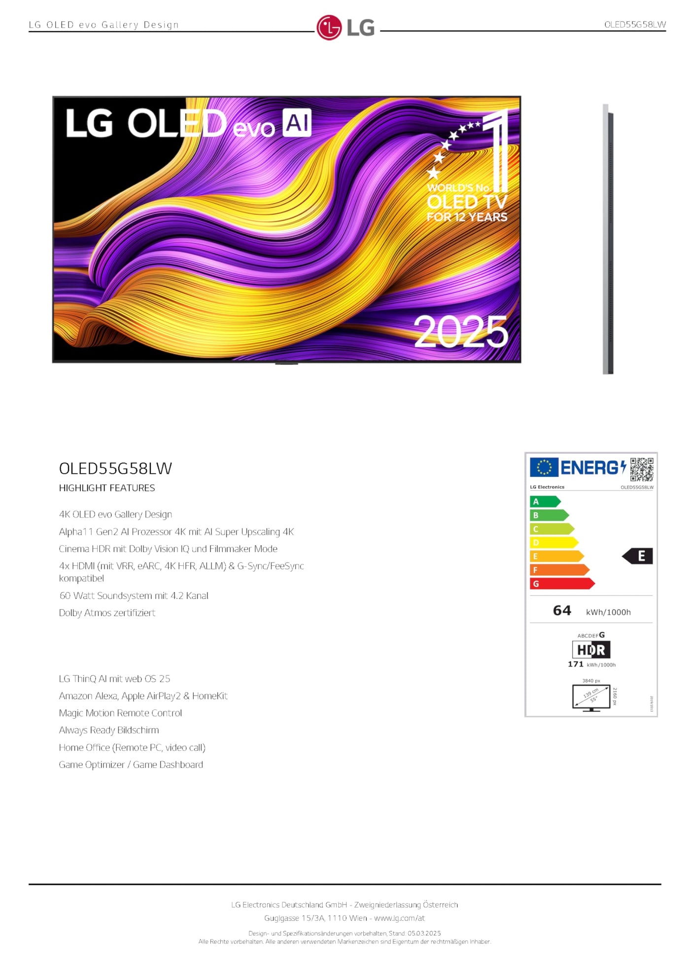 LG OLED55G58LW TV 55 Zoll (139 cm) 4K OLED evo AI TV (α11 Gen2 4K AI Prozessor, webOS 25, 120Hz (VRR bis zu 165Hz)) [Modelljahr 2025]