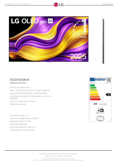 LG OLED55G58LW TV 55 Zoll (139 cm) 4K OLED evo AI TV (α11 Gen2 4K AI Prozessor, webOS 25, 120Hz (VRR bis zu 165Hz)) [Modelljahr 2025]