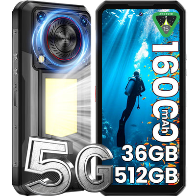 OUKITEL WP56 Outdoor Handy 5G - 36(12 + 24) GB RAM + 512GB/2TB ROM, 16000mAh, 108MP, 128DB Lautsprecher, Baustellen Handy Ohne Vertrag mit 1000 Lumen Campinglicht, 6.8" FHD+ 90Hz, NFC - Schwarz