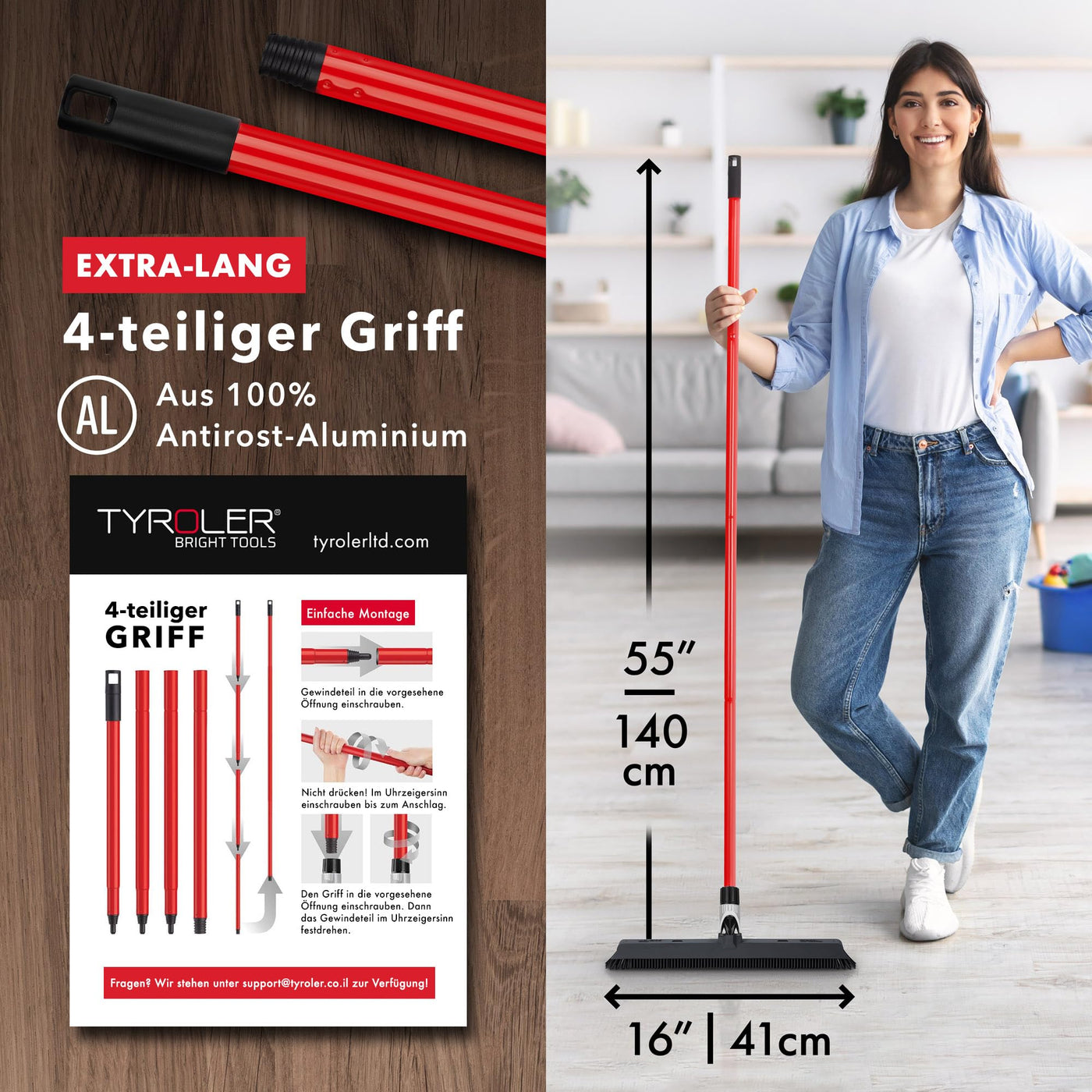 Tyroler Gummibesen & Bodenabzieher | Kehrbesen-Kopf aus 100% Naturkautschuk 41cm | Besen mit Stiel und 140cm Anti-Rost-Griff | Gummibesen mit Abzieher | Gummibesen mit Stiel | Gummibesen Tierhaare