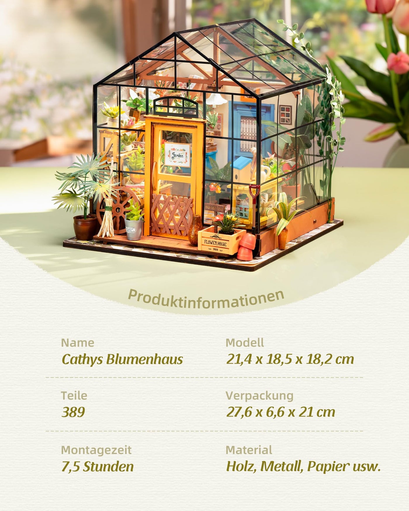 ROBOTIME Miniatur Haus Gewächshaus DIY Miniature House Holz Mit Möbel und Licht, Puppenhaus für Erwachsene Mädchen und Jungen Geschenk zum Muttertag