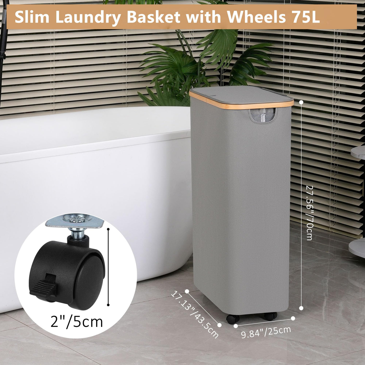 iEGrow Wäschekorb mit Rollen 75L, Wäschesammler Schmal mit Herausnehmbarer und Waschbarer Innentasche, Laundry Baskets Wäschekörbe mit Deckel für Kleidung, Spielzeug, Handtücher (Grau)