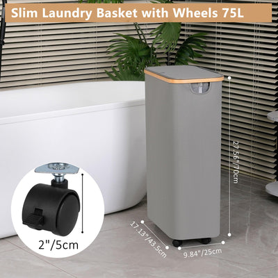 iEGrow Wäschekorb mit Rollen 75L, Wäschesammler Schmal mit Herausnehmbarer und Waschbarer Innentasche, Laundry Baskets Wäschekörbe mit Deckel für Kleidung, Spielzeug, Handtücher (Grau)