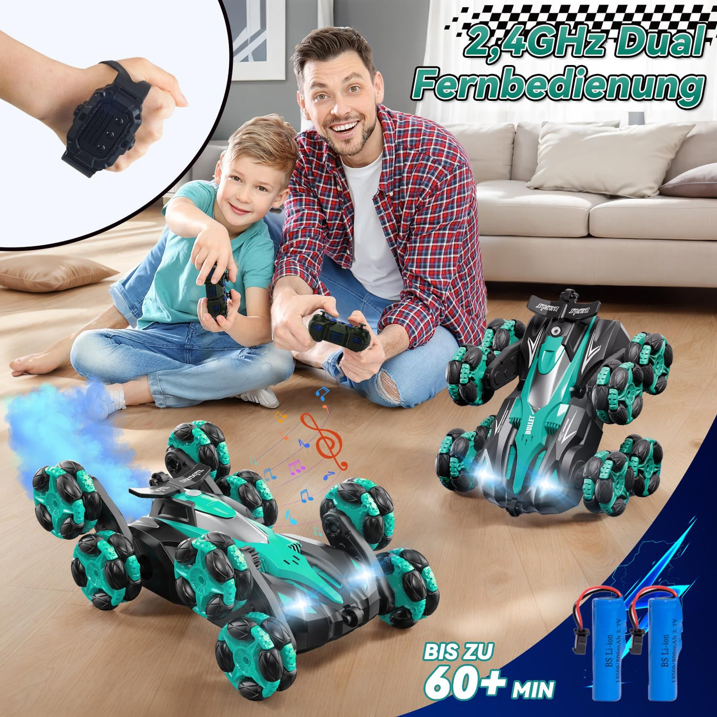 Ferngesteuertes Auto, 1:16 Auto mit Fernbedienung ab 5 6 8 Jahre, 2,4 GHz Stunt Auto Ferngesteuert mit Handsteuerung ab 6 Jahre, 8 Räder, Sprühnebel-LED-Musik, Spielzeug ab 4 5 6 7 8 9 Jahre Junge