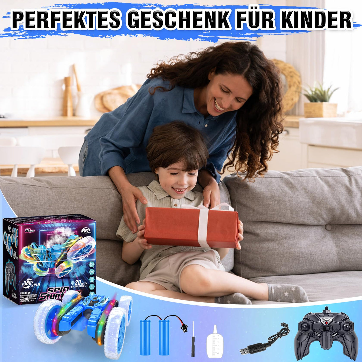 MidiVix Ferngesteuertes Auto, 360°rotierende 4WD RC Autos mit Seitenlichtern und Scheinwerfern, 2.4Ghz Doppelseitig RC Stunt Car mit Spray, RC Drift Spielzeugauto und Geschenke für Kinder (Blau)