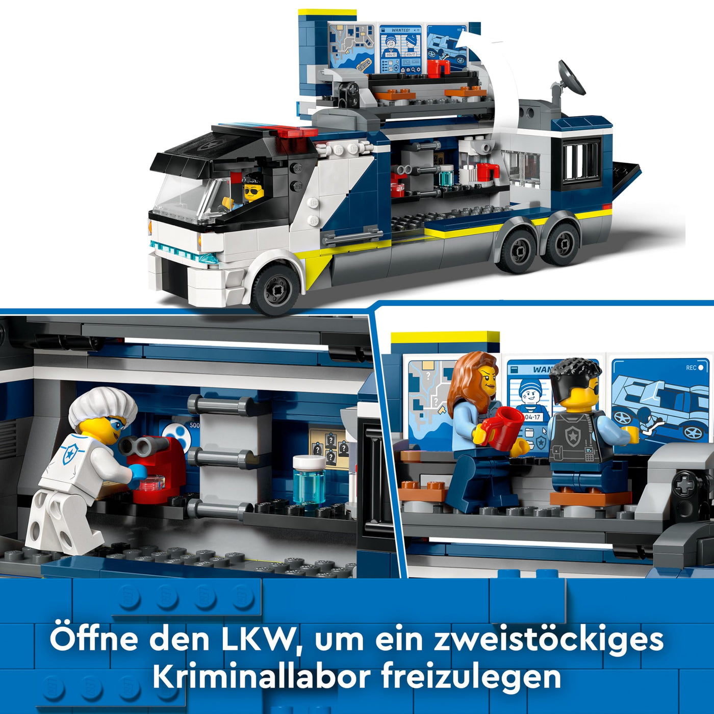 LEGO City Polizeitruck mit Labor, Polizei-Set mit Quad und LKW-Spielzeug für Kinder, Geschenk für Jungs und Mädchen ab 7 Jahre, plus 5 Minifiguren – 2 Polizisten, 1 Wissenschaftler und 2 Ganoven 60418