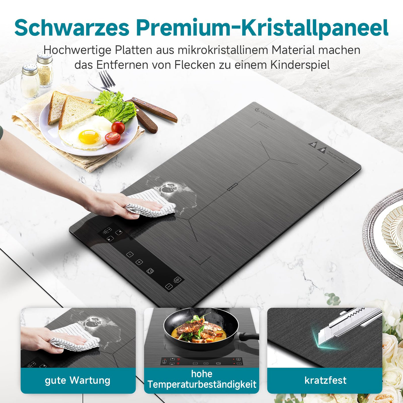 AMZCHEF Induktionskochfeld 2 platten, induktionskochplatte mit Flexzonen und Stecker, 10 Leistungsstufen, Sicherheitsschloss und Timer, Überhitzungsschutz, Berührungssteuerung, BBQ, 3300W(Grau)