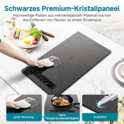 AMZCHEF Induktionskochfeld 2 platten, induktionskochplatte mit Flexzonen und Stecker, 10 Leistungsstufen, Sicherheitsschloss und Timer, Überhitzungsschutz, Berührungssteuerung, BBQ, 3300W(Grau)