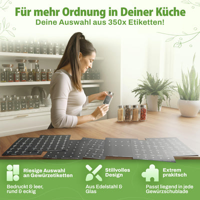 LAEVU Gewürzgläser Set Eckig | 24 Stk. 120ml - 10,7 x 4,5 cm | mit 350 Gewürzetiketten, 48 Streueinsätze, 1 Kreidestift zum Beschriften und noch mehr | 24