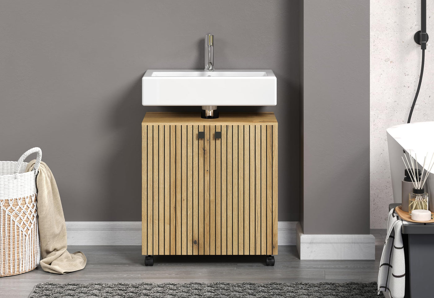 trendteam smart living - Waschbeckenunterschrank Unterschrank auf Rollen - Badezimmer - PureBliss - Aufbaumaß (BxHxT) 60 x 64 x 42 cm - Farbe Evoke Eiche mit schwarzen Rillen - 233730342