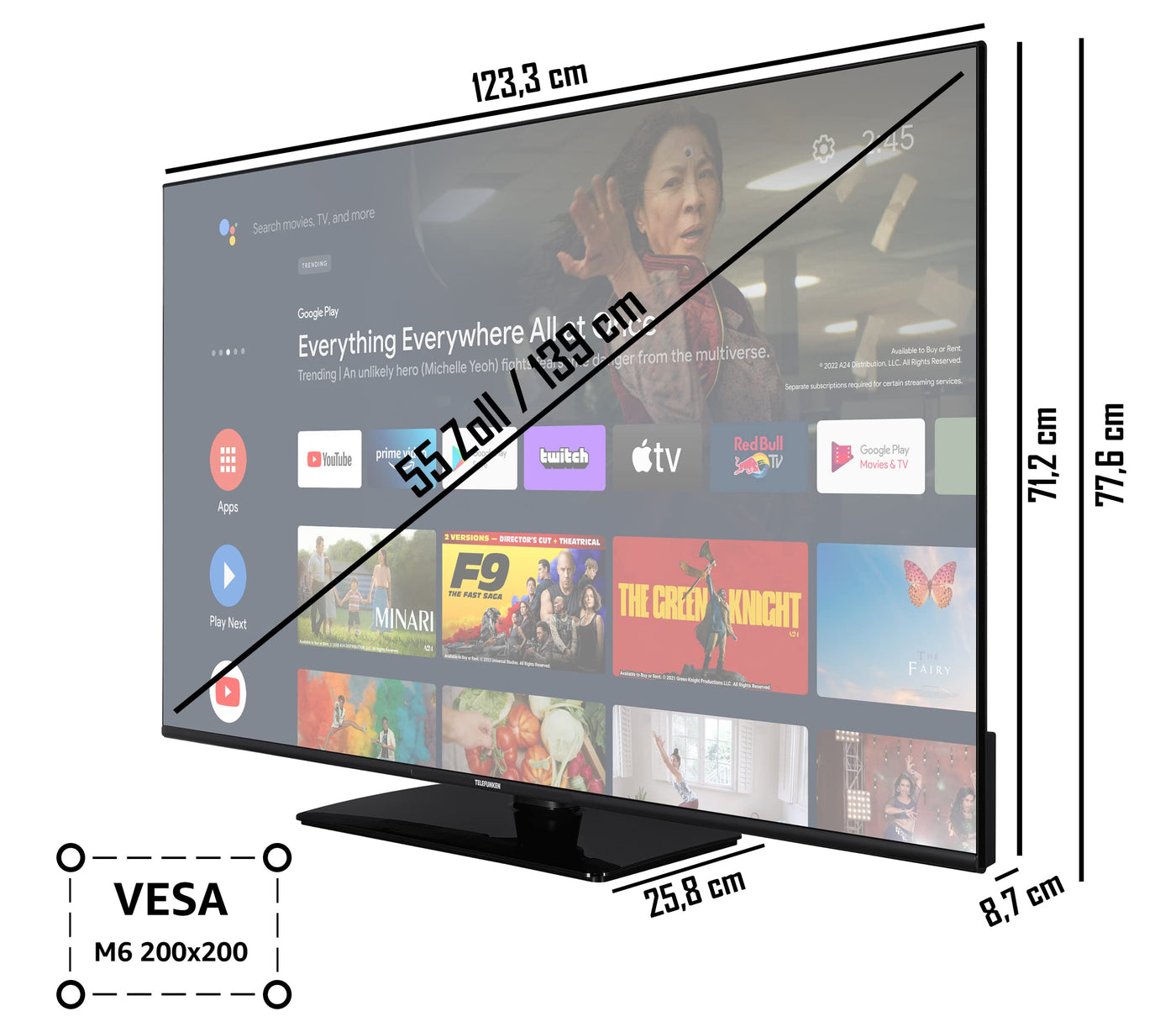 Telefunken Android TV 55 Zoll Fernseher (4K UHD Smart TV, HDR Dolby Vision, Triple-Tuner, Dolby Atmos) XU55AN754M