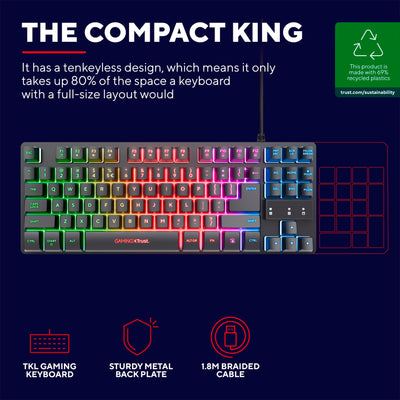 Trust Gaming Tastatur mit TKL-Design GXT 833 Thado - Beleuchtete Tastatur mit Deutsches QWERTZ Layout, Anti-Ghosting, Mehrfarbige LED-Beleuchtung, 12 Media-Tasten, USB Plug & Play, PC/Laptop