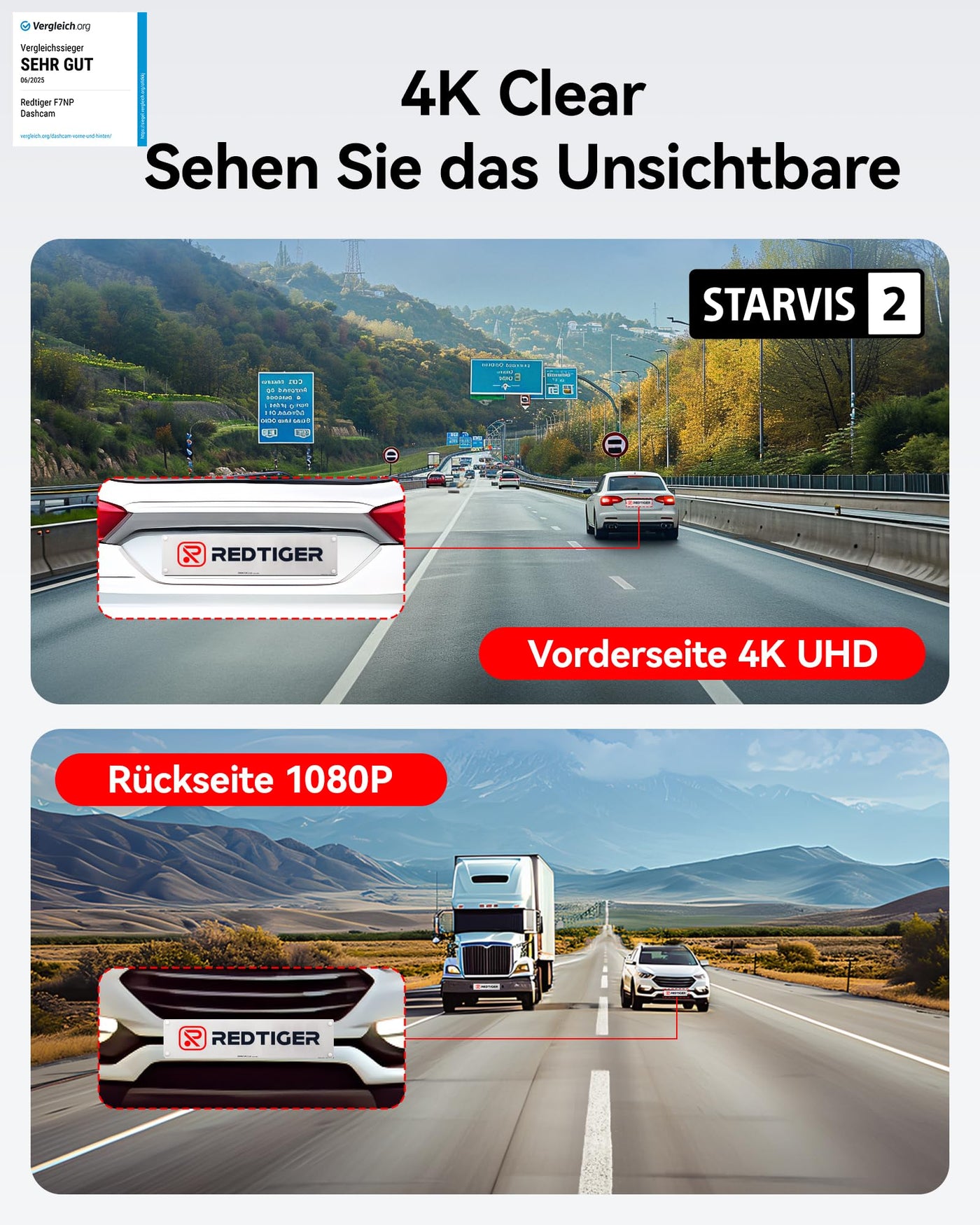 REDTIGER Dashcam Auto Vorne Hinten 4K/2,5K mit STARVIS 2, Dash Cam Auto Kamera 3,18" IPS-Bildschirm, kostenlose 128-GB-Karte,5.8GHz WiFi, GPS, 170°Weitwinkel WDR, Unterstützt 256 GB Max(F7NP)