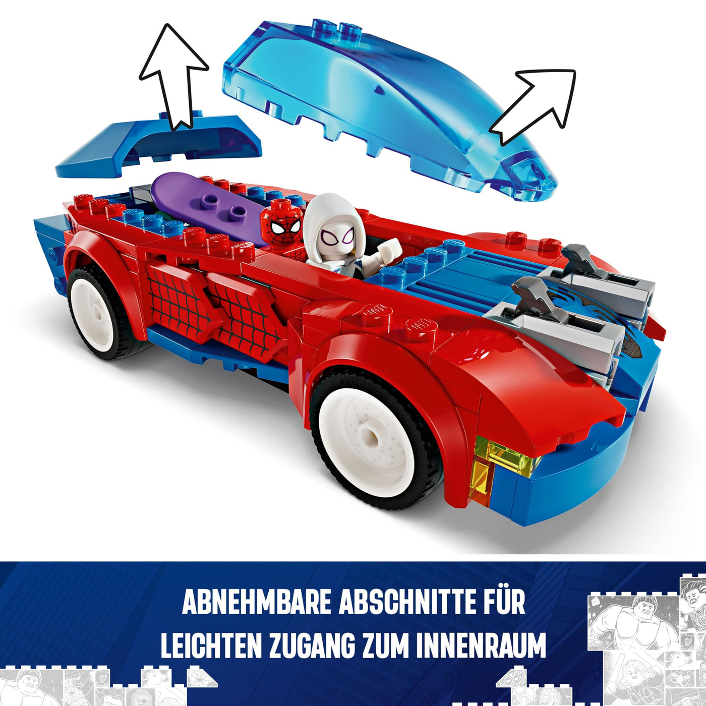 LEGO Marvel Spider-Mans Rennauto & Venom Green Goblin, Spidey-Spielzeug für Rollenspiele mit Superhelden-Figuren und baubarem Auto, Geschenk für Kinder, Jungs und Mädchen ab 7 Jahren 76279