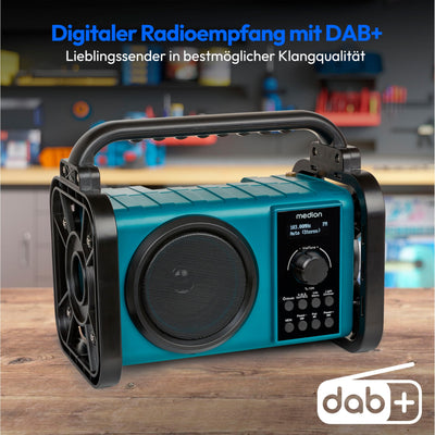 MEDION E66877 DAB+ Baustellenradio (Robustes Gehäuse, Spritzwassergeschützt (IP44), Bluetooth 5.0, PLL UKW Radio, LED-Arbeitslicht, Akku- und Netzbetrieb) blau