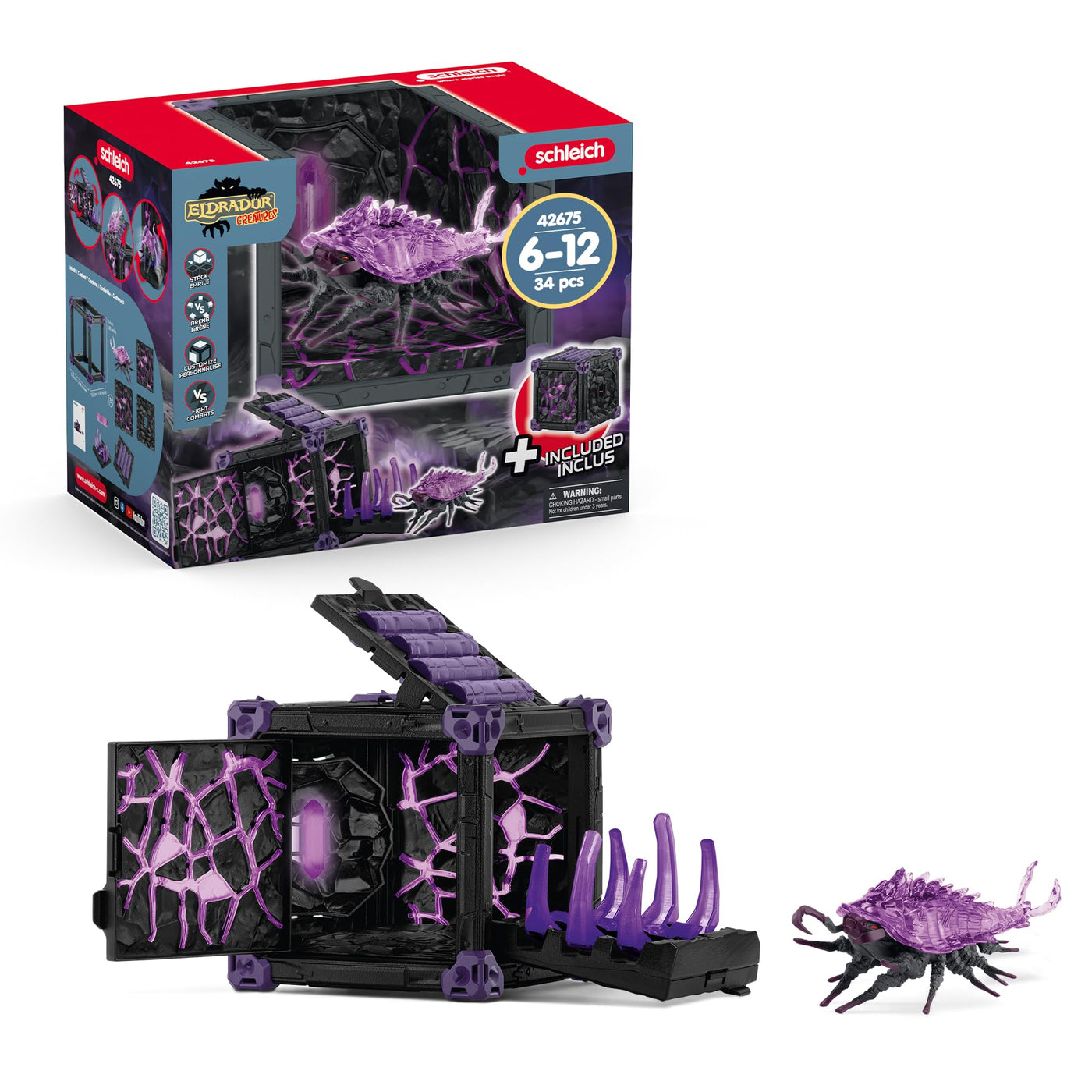 SCHLEICH ELDRADOR Creatures | Battle CAVE Schattenassel 42675 | Set aus ELDRADOR Battle Cave mit Monster und Schattenkristall | Battle Caves zur Arena stapelbar | Spielzeug ab 7 Jahren | 34 Teile