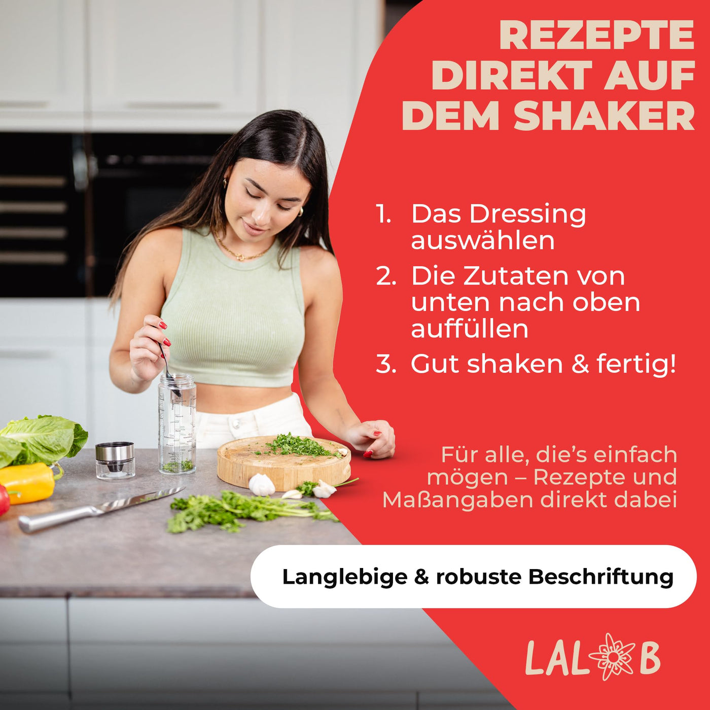 LALOB® Dressing-Shaker – spülmaschinenfest – fünf Rezepte in 175ml und 350ml – auslaufsicher Behälter – Salatsoßen-Schüttelbecher