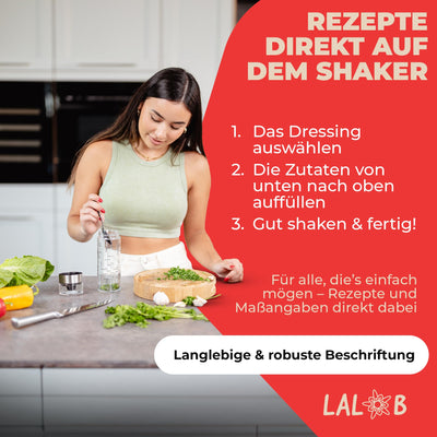 LALOB® Dressing-Shaker – spülmaschinenfest – fünf Rezepte in 175ml und 350ml – auslaufsicher Behälter – Salatsoßen-Schüttelbecher