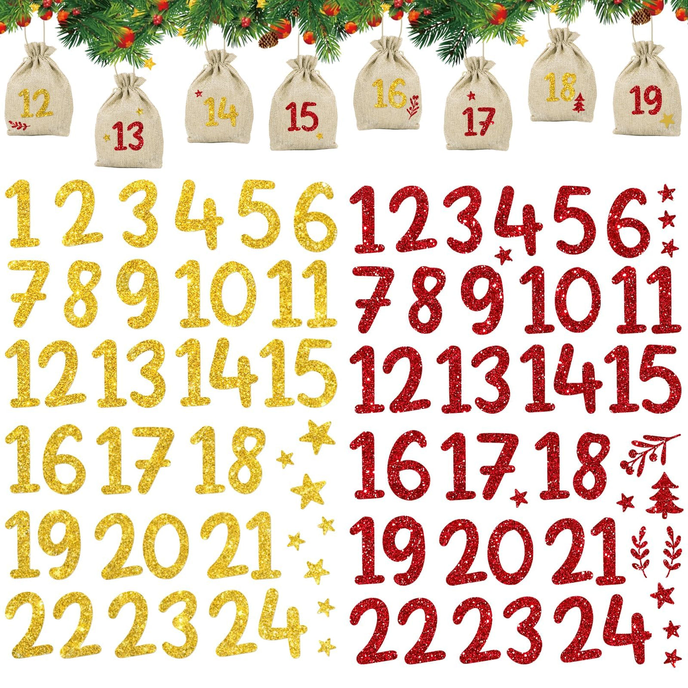 2 Bögen Bügelbild zum Aufbügeln Adventskalender Zahlen 1-24 Aufbügler Glitzer Adventszahlen Aufkleber Personalisierte Bügelbilder für Stofftasche Bügelfolie für Textilen Papier Holz Boxen Rot Gold
