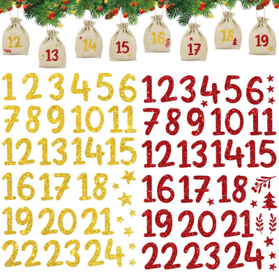 2 Bögen Bügelbild zum Aufbügeln Adventskalender Zahlen 1-24 Aufbügler Glitzer Adventszahlen Aufkleber Personalisierte Bügelbilder für Stofftasche Bügelfolie für Textilen Papier Holz Boxen Rot Gold