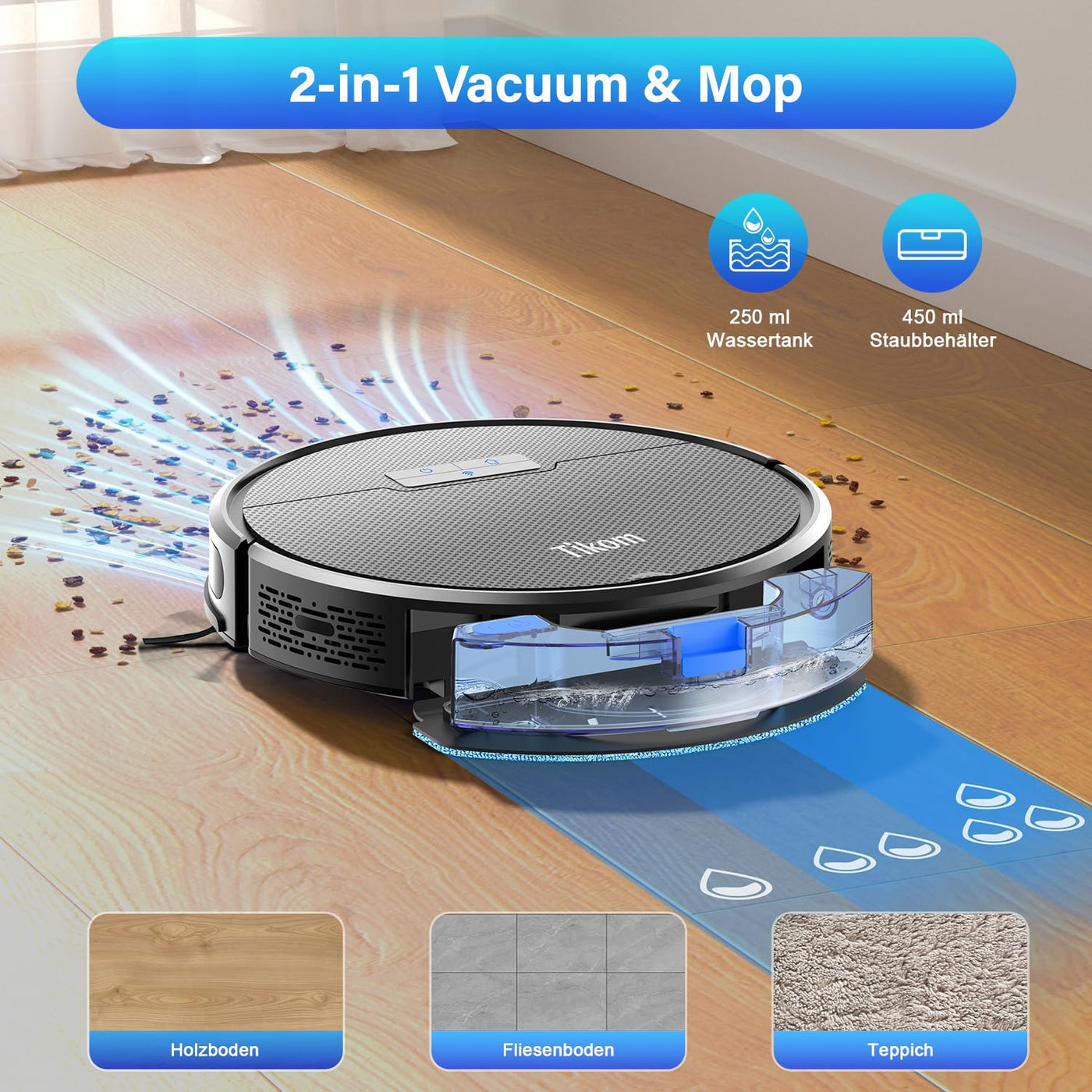 Tikom Saugroboter mit Wischfunktion 2 in 1, G8000 Pro Staubsauger Roboter, 4500Pa Starke Saugkraft Roboterstaubsauger, Selbstaufladend, WLAN, 150Mins Max, Ideal für Tierhaare, Teppich, Hartboden