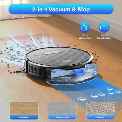Tikom Saugroboter mit Wischfunktion 2 in 1, G8000 Pro Staubsauger Roboter, 4500Pa Starke Saugkraft Roboterstaubsauger, Selbstaufladend, WLAN, 150Mins Max, Ideal für Tierhaare, Teppich, Hartboden