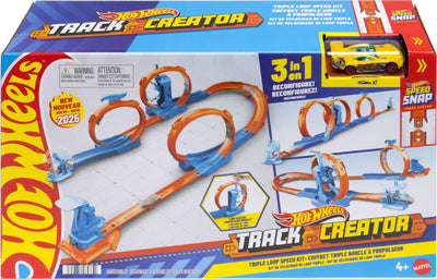 Hot Wheels Spielzeugauto-Trackset, Dreifach-Looping-Pack und Fahrzeug im Maßstab 1:64, Track-Bauteile mit 3 Loopings, Track-Schnellstecksystem und Adaptern,JDW39