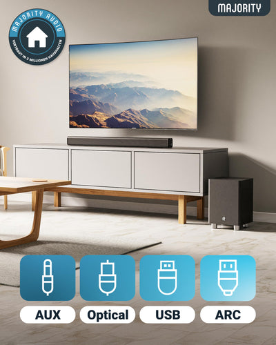 Majority K2 Soundbar, leistungsstark, kabellos, 150 W, mit Surround-Sound, Subwoofer, Bluetooth, HDMI Arc (CEC), große Fernbedienung, AUX, USB, UKW-Radio, optischer Eingang, Cinch-Kabel (schwarz)