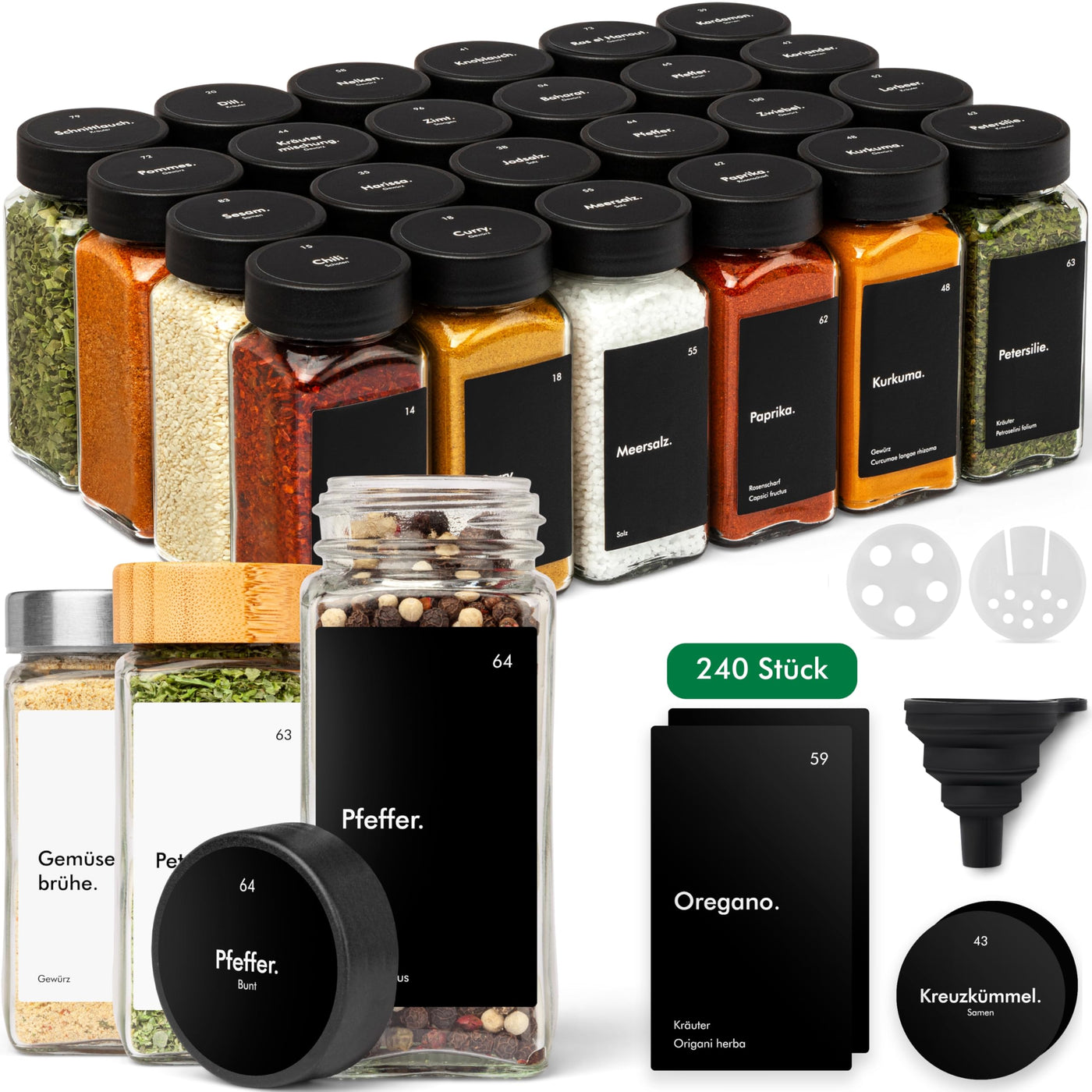 KIVY Gewürzgläser mit Streueinsatz [24x 120ml] + 240 Wasserfeste Label - Luftdichte Gewürzgläser Schwarz - Gewürzstreuer Glas Sticker - Gewürzgläser schwarzer Deckel - Gewürzdosen Schwarz