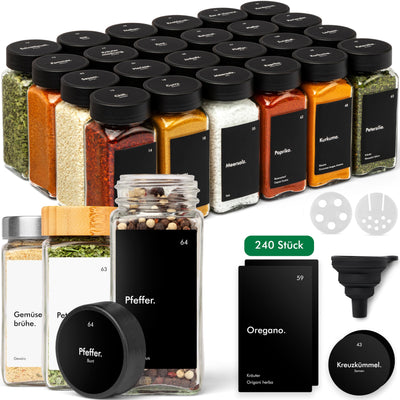 KIVY Gewürzgläser mit Streueinsatz [24x 120ml] + 240 Wasserfeste Label - Luftdichte Gewürzgläser Schwarz - Gewürzstreuer Glas Sticker - Gewürzgläser schwarzer Deckel - Gewürzdosen Schwarz