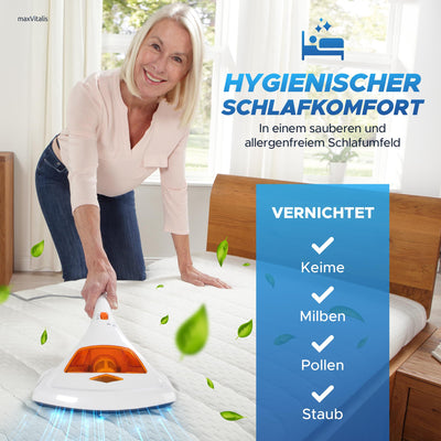 maxVitalis Milben-Handstaubsauger UV-C Licht, Sterilisation u. Reinigung, Matratzensauger, HEPA-Filtration vernichtet bis zu 99,9% Aller Milben, ohne Beutel, Starke Saugleistung, für Allergiker