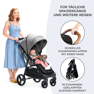 Kinderkraft GRANDE PLUS Kinderkraft buggy von Geburt bis 22 kg, Zusammenklappen mit einer Hand, Liegeposition, großes Verdeck mit Fenster, alle 4 Räder gedämpft, geräumige Sitz, Schwarz