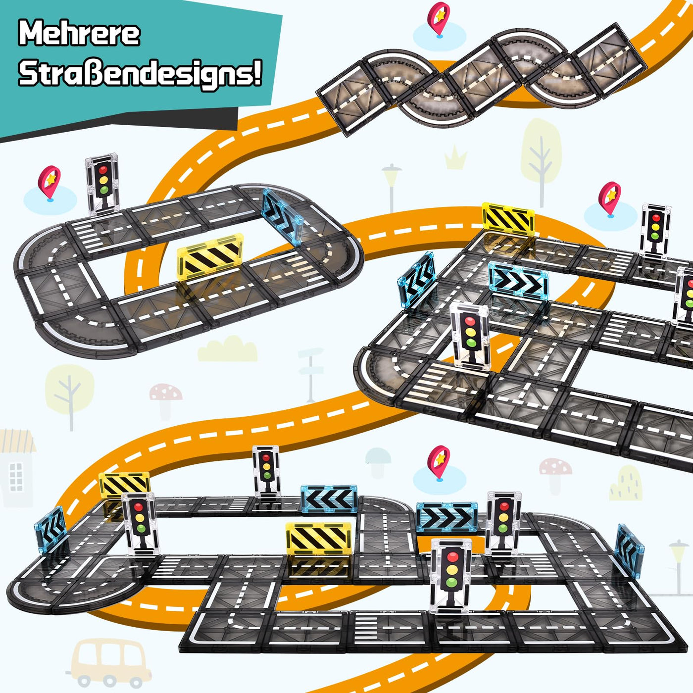 BuzzoXerex Magnetische Bausteine Straßenset, 50PCS Magnetische Fliesen Stadtstraßen, Magnetbausteine Straßenaufsatz-Set Lernaktivitäten Geschenk ab 3 4 5 Jahre