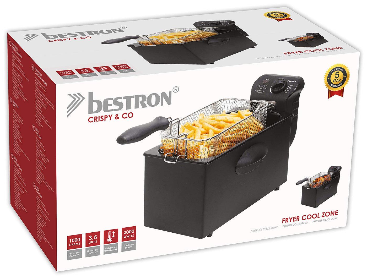 Bestron Öl-Fritteuse mit Kaltzonentechnologie, Fritteuse mit 3.5 Liter Volumen, stufenloser Temperaturregler bis 190°C, teilweise spülmaschinengeeignet, 2000 Watt, Farbe: Schwarz