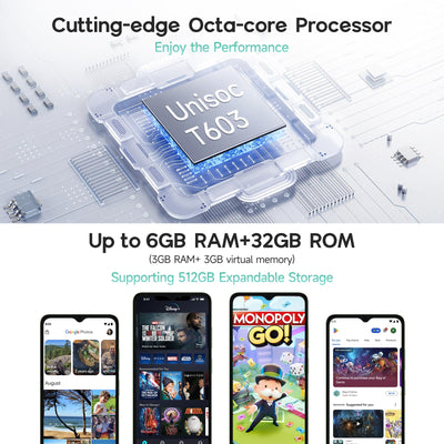 Ulefone Note 19 Handy Android 14 5000mah Octa Core Prozessor 6,56" HD+ 6GB+32GB/512GB SD 8MP+5MP Panorama Kamera 4G Dual SIM Smartphone Ohne Vertrag Face ID GPS OTG 2 Jahre Garantie-Grün