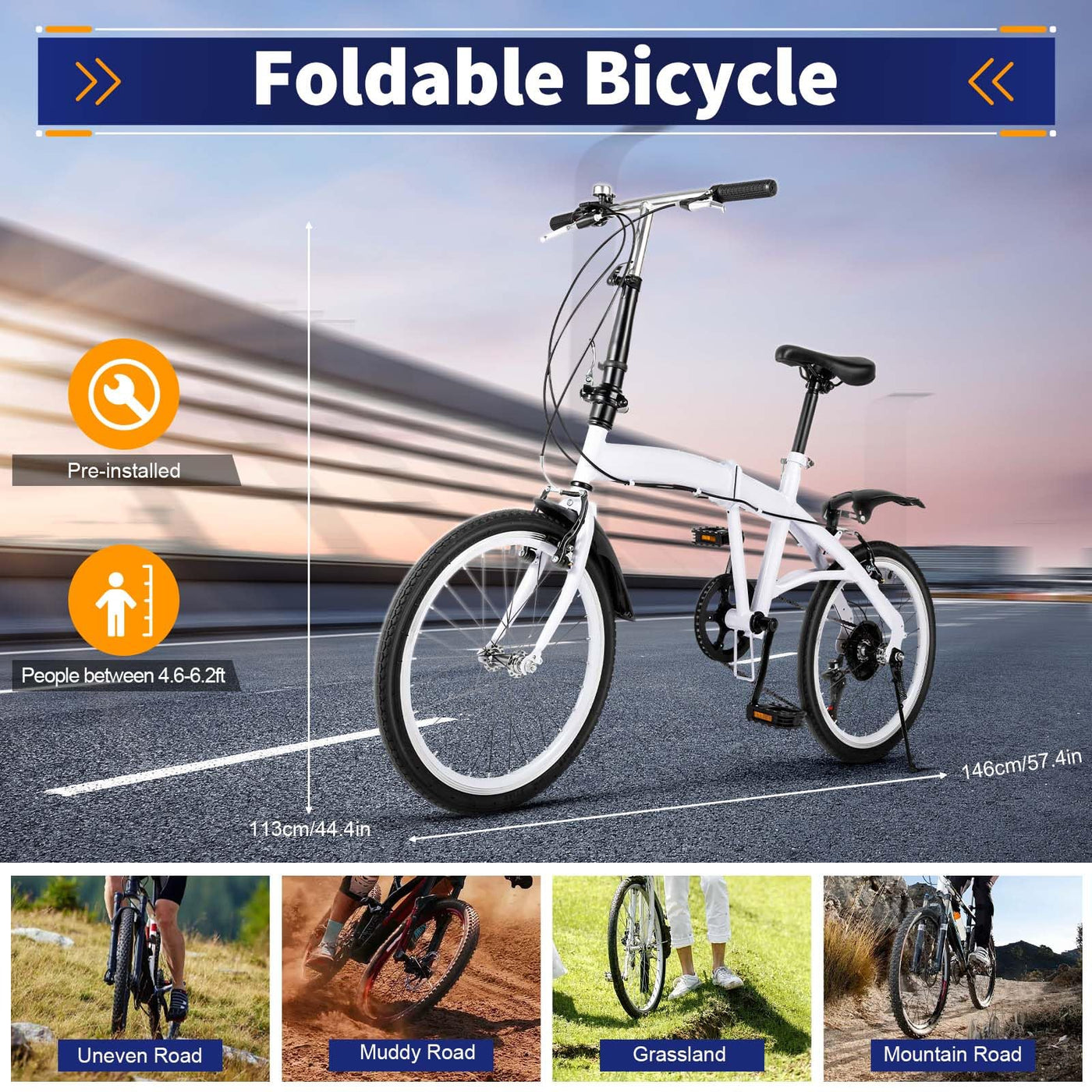 20" 6-Gang Faltrad Klappfahrrad Modern Klapprad Folding FahrräDer Faltbares Erwachsene City Bike Einstellbar Unisex Damen Herren Geeignet FüR Stadt Camping Sport Outdoor Radfahren Pendeln Weiß