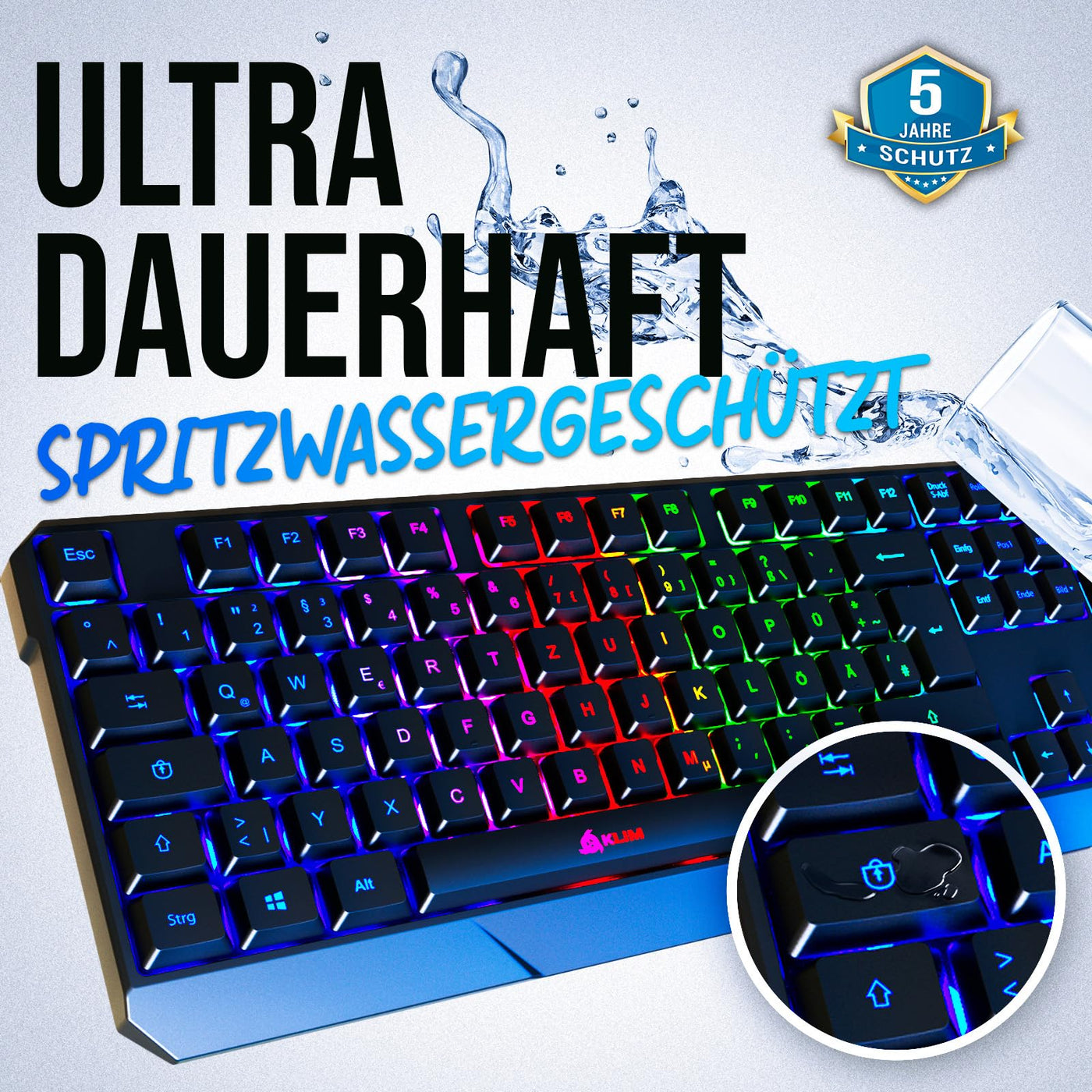KLIM Chroma Gaming Tastatur QWERTZ DEUTSCH mit Kabel USB - NEU - Langlebig, Ergonomisch, Wasserdicht, Leise Tasten - RGB Gamer Tastatur für PC Mac Xbox One X PS4 Tastatur - Schwarz