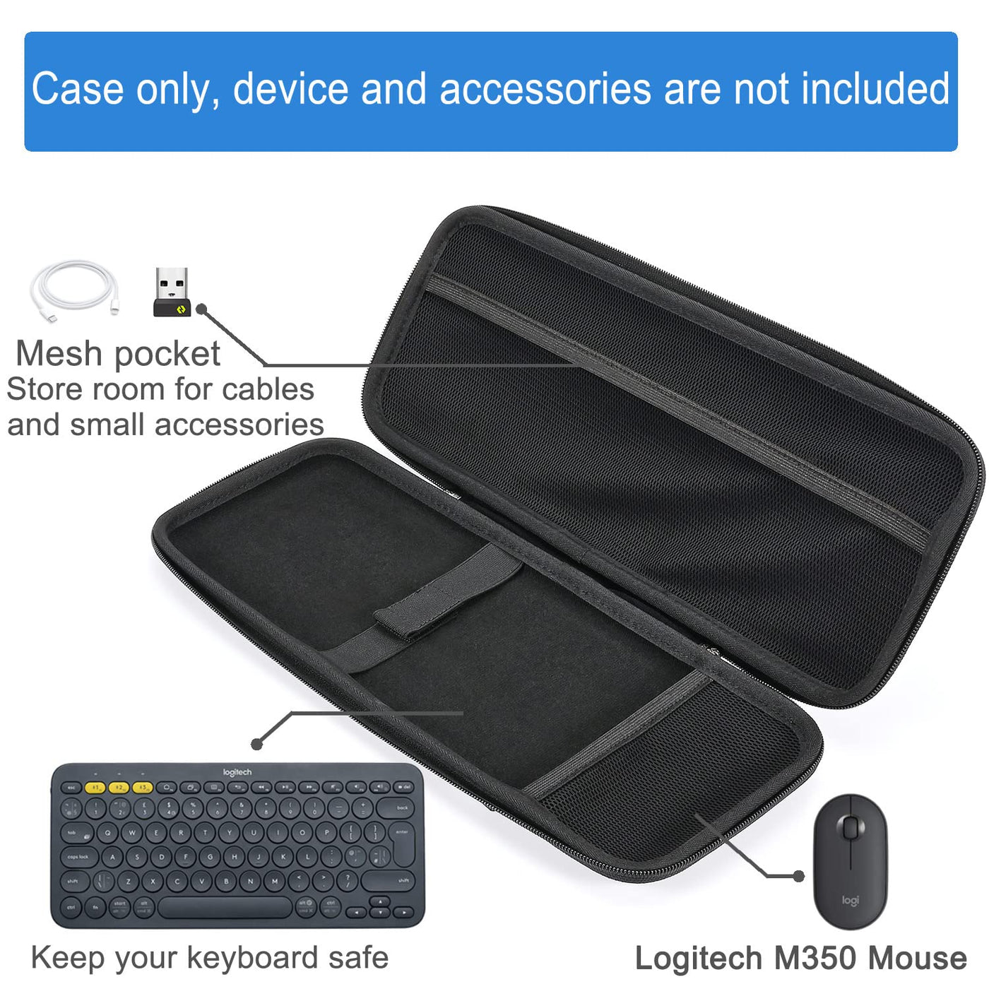 RAIACE Hartschalen-Reisetasche für Logitech K380 Wireless Multi-Device Keyboard und Logitech M350 Mouse Combo. - Schwarz (schwarzes Futter)