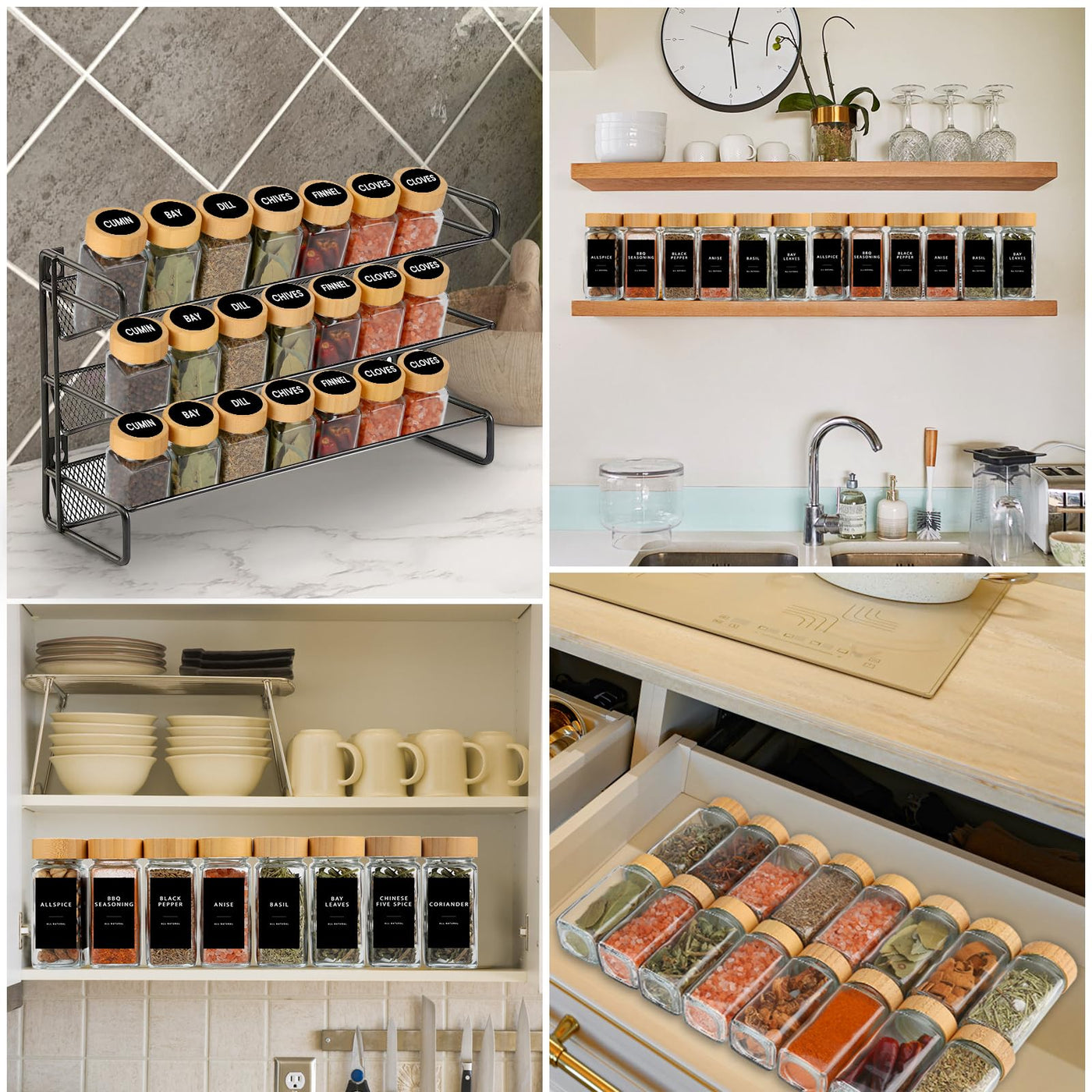 Lannvan Gewürzgläser Eckig Set [24 Stück] mit Bambus Deckel, 120ml Gewürzdosen mit 246 Etiketten, Gewürzstreuer Spice Jars Gewürzbehälter mit Trichter, Leeren Aufklebern, Reinigungsbürste, Sieben