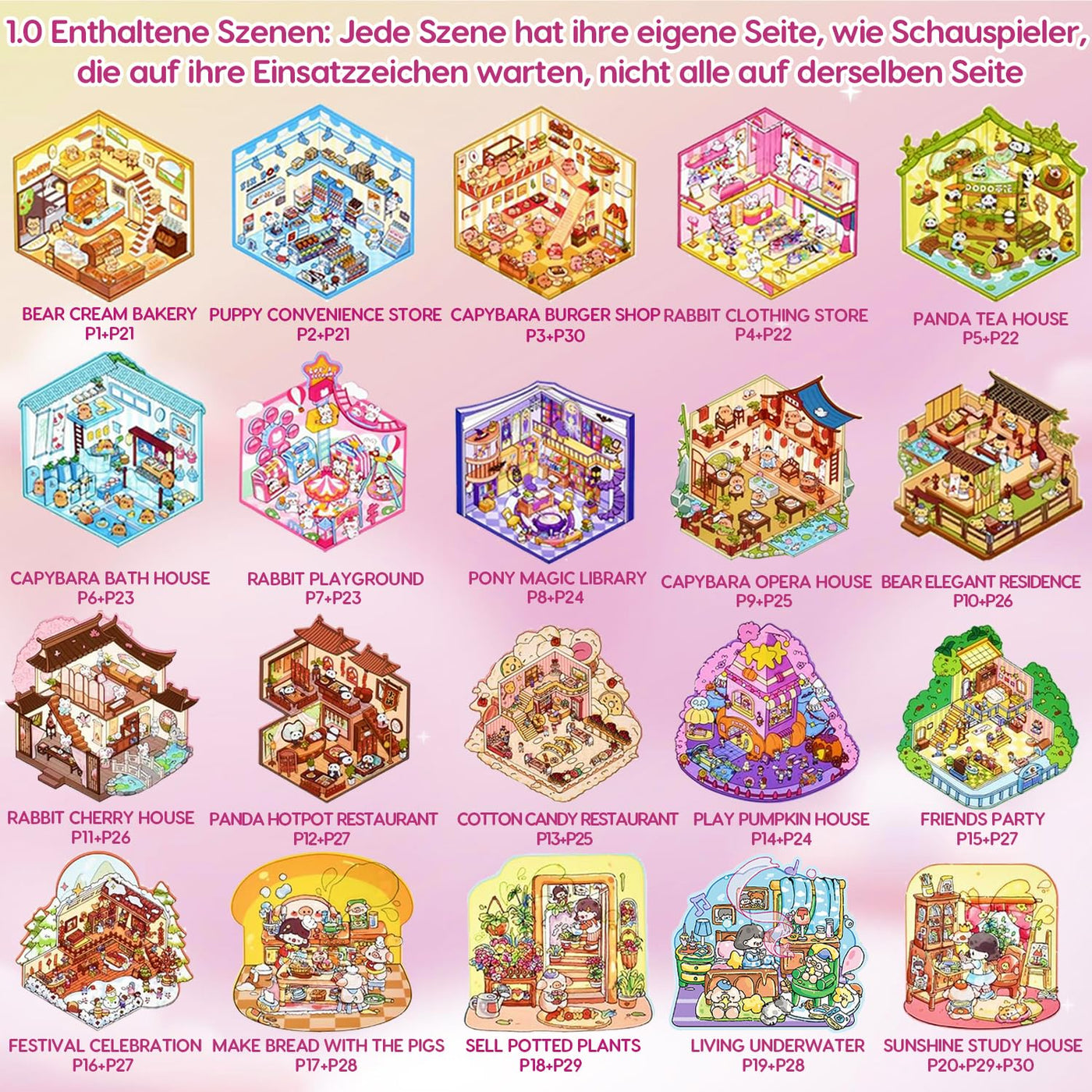 40 Stück 3D House Stickers Scene Set, Stickerbuch Wiederverwendbar, Sticker Therapy, DIY-Aufkleber für Basteln, with 56 PET Sticker, 40 Mminiatur Haus, 2 Pinzette, Relief Stress für Erwachsene Kinder
