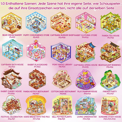 40 Stück 3D House Stickers Scene Set, Stickerbuch Wiederverwendbar, Sticker Therapy, DIY-Aufkleber für Basteln, with 56 PET Sticker, 40 Mminiatur Haus, 2 Pinzette, Relief Stress für Erwachsene Kinder