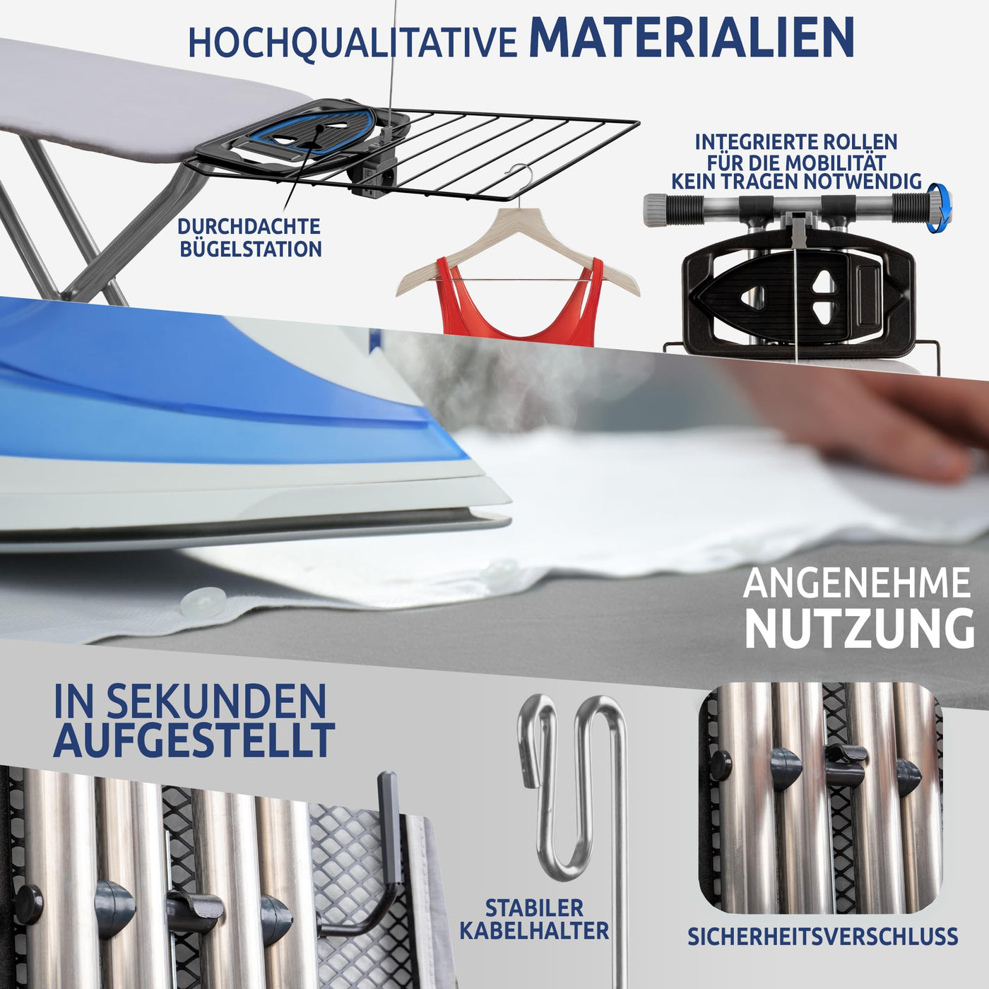 STAHLMANN ® Bügelbrett aus Aluminium [120x42 Bügelfläche] inkl. Ärmelbügelbrett – Bügeltisch – extra stabiles Bügelbrett [Made IN EU] – Bügelbrettbezug [100% Baumwolle]