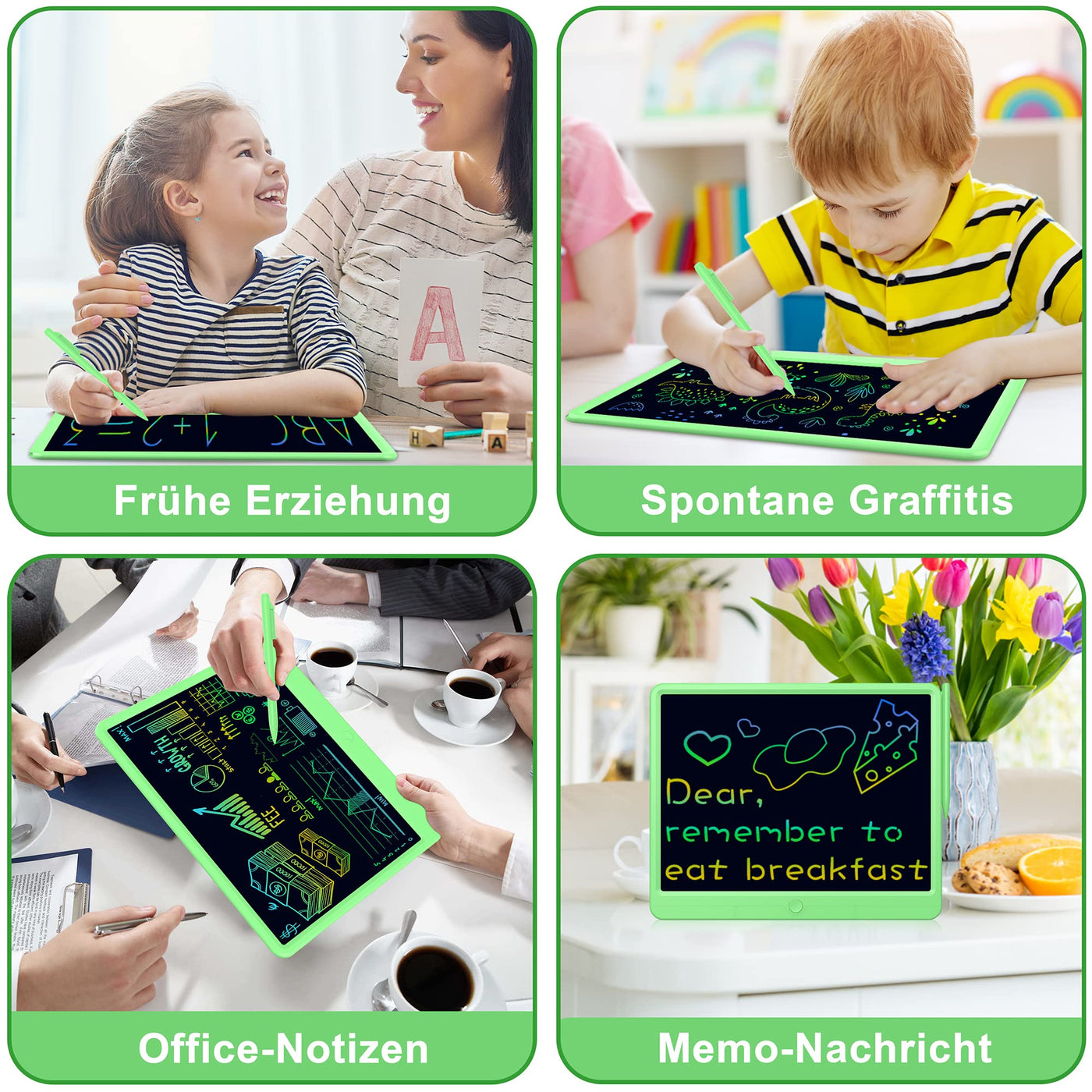 TUGAU LCD Schreibtafel Kinder Erwachsene, Löschbarer Maltafel Zaubertafel kinder 15 Zoll Zeichenbrett Geburtstag Weihnachts Geschenke Spielzeug für 3 4 5 6 7 8 Mädchen Jungen (Grün)