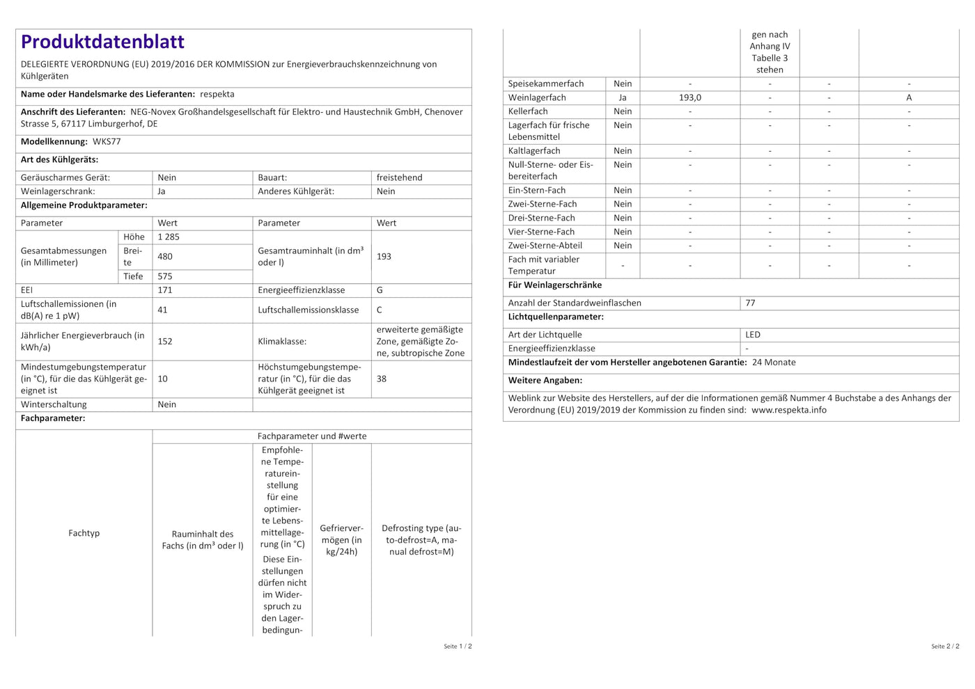 Respekta Weinkühlschrank freistehend für 77 Standardflaschen / 193 L Nutzinhalt/Regelbares Thermostat 5-22°C/Touch Control/LED Leuchte/Wechselbarer Türanschlag/Max. 43 dB/WKS 77