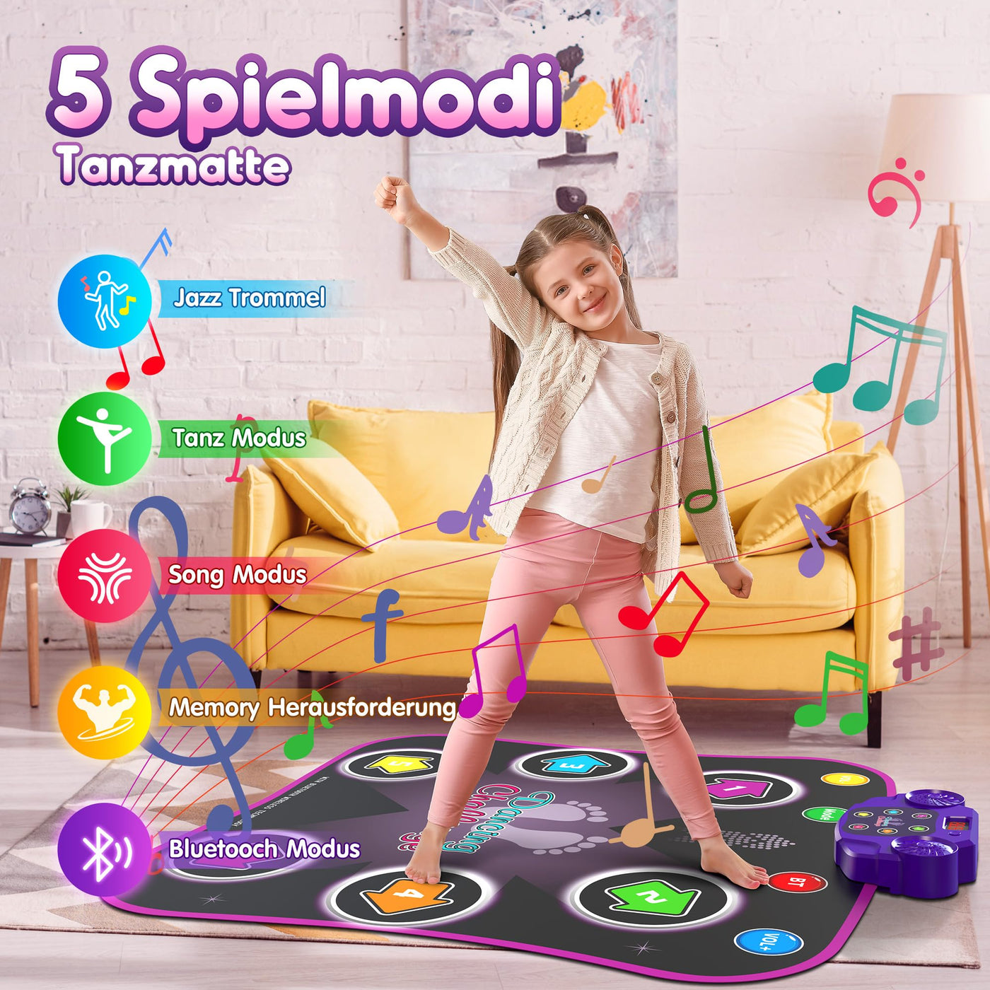 Hot Bee Leuchtend Tanzmatte für Kinder ab 3-10 Jahre Mädchen, Spielzeug ab 3-12 Jahre Mädchen, Mädchen Geschenke 3-12 Jahre, Musik Matte mit 6 Leuchtenden Pfeilen, Bluetooth, 5 Modi