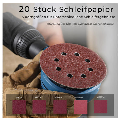 DongCheng Exzenterschleifer 380W, 125mm Schleifmaschine, 6 Geschwindigkeiten 8,000-12,800 U/min mit Staubfangbehälter und 20 Schleifpapier, ideal für professionelle Holzbearbeitung und Schleifarbeiten