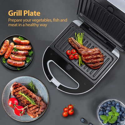 Aigostar Sandwich maker 3 in 1, Sandwich Maker, Kontaktgrill, Waffeleisen 3 in 1, 750W, Antihaftbeschichtete abnehmbare Platten, wärmeisolierter Griffe, Grau, Grace